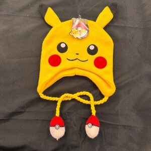 NWT Pikachu Hat Bioworld Pokémon Yellow Knit Beanie‎ with Ear Flaps Poke Balls